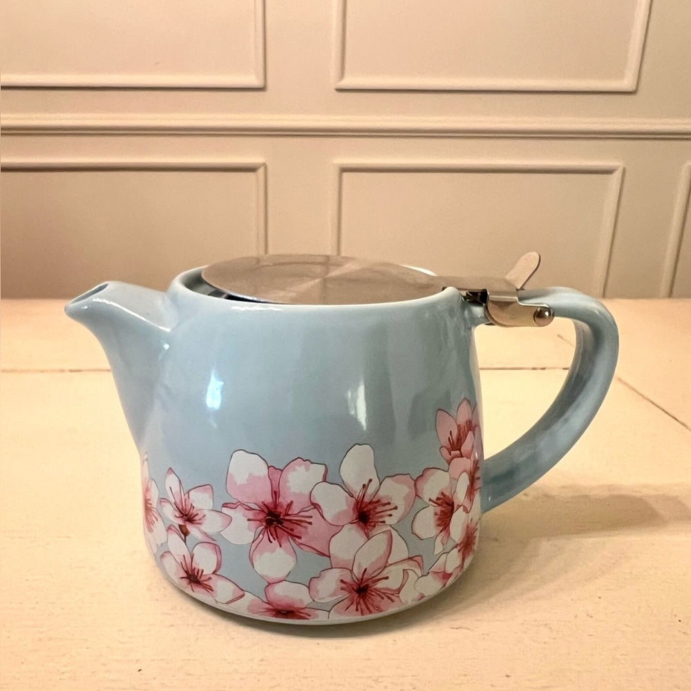Alfred Cherry Blossom Ceramic and Stainless Steel Teapot with Silver Lid